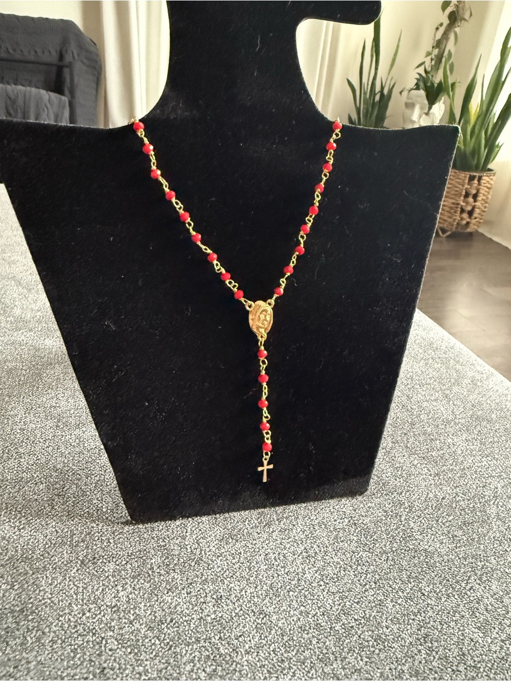 Gold-tone Rosary Necklace with Red Beads